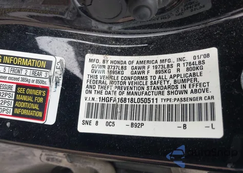 2008 Honda Civic Ex from USA, damaged, VIN 1HGFA16818L050511